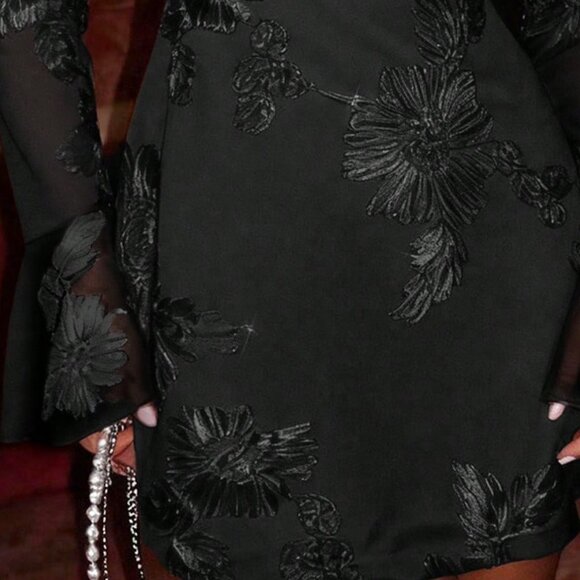 Black Sexy Women's Mesh Print Flare Sleeve Waist Cinched mini Dress - Picture 3 of 6